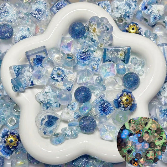 ♥大人気♥3.25再入荷♥【A443】氷花の雫（夜光浮き彫りプリントビーズ、レジンビーズ、夜光アクリルビーズ入りのストラップ用大ミックス）