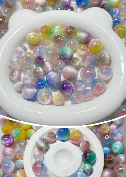 9.5NEW【A254】油絵世界（キャッツアイ2色レジンビーズ8種類・12ｍｍと16ｍｍ、ストラップとブレスレット作り）