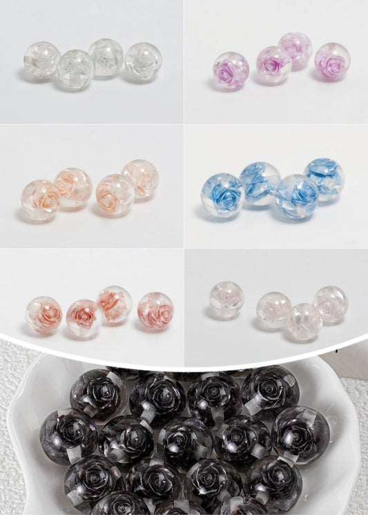 ♥人気♥12.8黒新規【T099】永遠のローズ（バラ入りレジンビーズ、16ｍｍ）