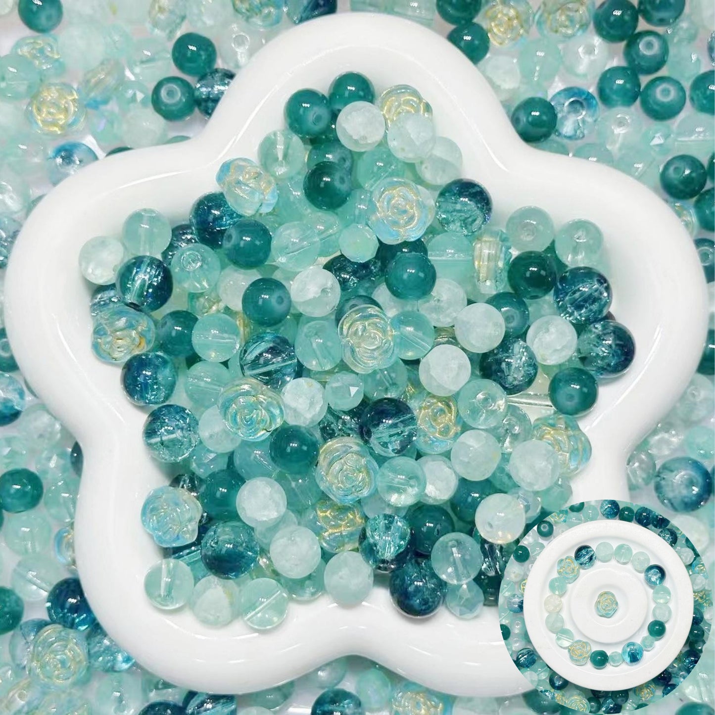 1.9NEW【B121】ミントの記憶（刻みガラスビーズ1種類、高品質ガラスビーズ5種類とガラス多面カット1種類）