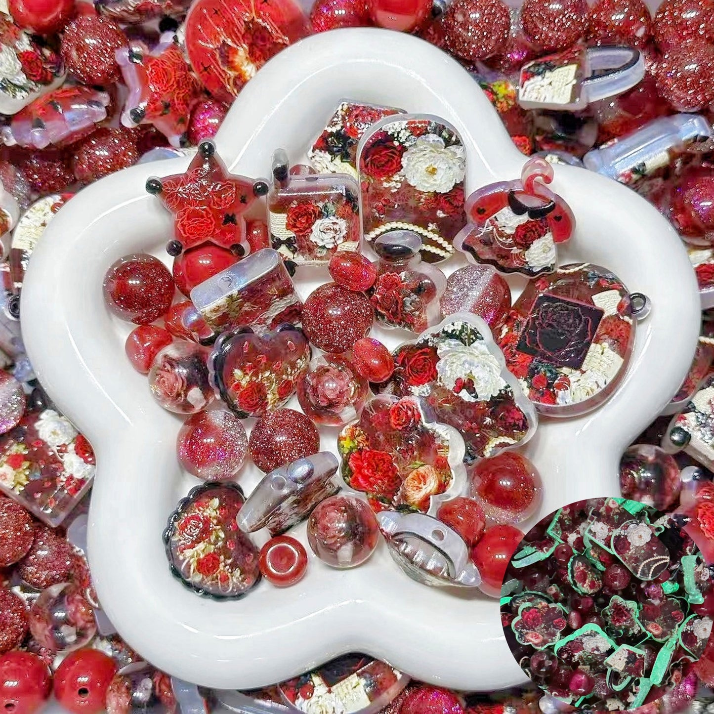 2.11NEW【A454】ヴィンテージローズ（夜光浮き彫りプリントビーズ、レジンビーズ5種類、アクリルビーズ1種類のストラップ用大ミックス）