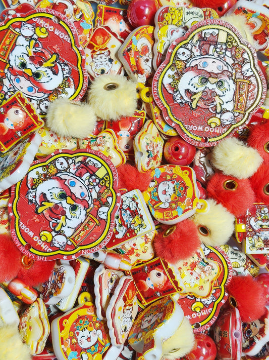 2.14NEW♥中国新年イベント最終日限定10％OFF♥【A457】金運招きのDIMOOくん（浮き彫りキャラビーズ12種類とアクリル1種類とポンポン2色）