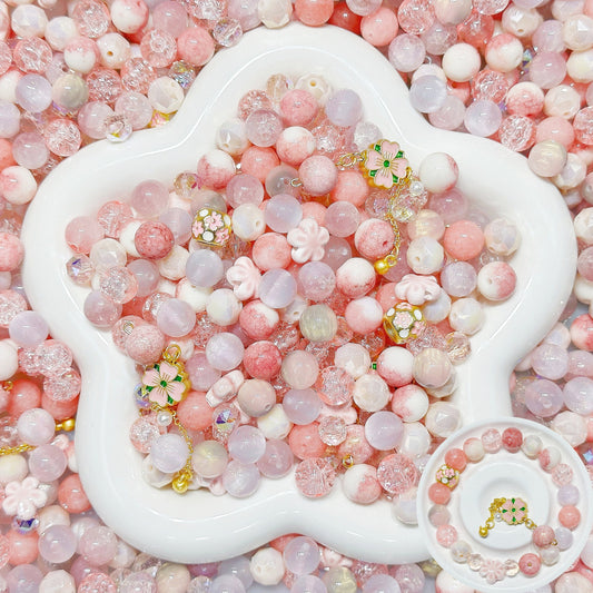 3.5NEW【B129】早咲き桜（オレンジインカローズ、陶器ビーズ1種類、高級合金2種類、レジン2種類、高品質ガラスビーズ2種類とガラス多面カット2種類）