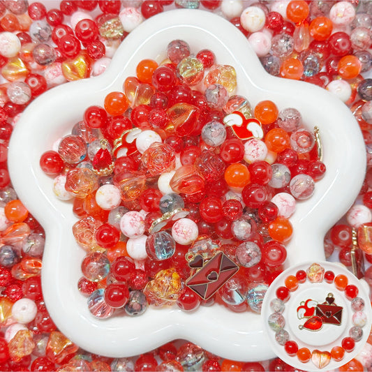 4.3NEW【B147】ヴァンパイアの血恋（バラ刻みガラスビーズ、ハート形ガラスーズ1種類、高品質ガラスビーズ10mm3種類と12mm1種類と8ｍｍ2種類、メタル約3種類いりの約12種類ミックス）