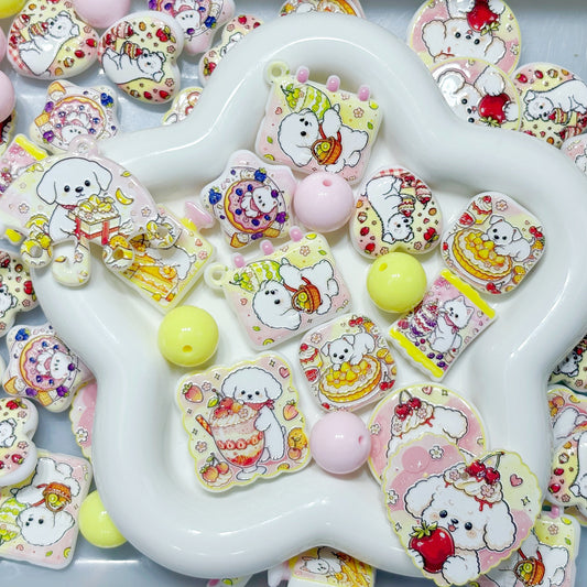10.26NEW【A702】ワンコちゃん達のティータイム（浮き彫りプリントビーズ約8種類とプレート2種類と丸玉2種類）