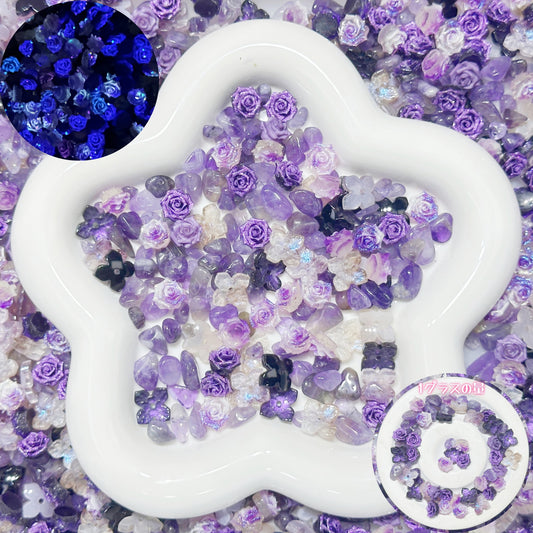 3.31NEW【B144】パープルローズマリー（アメジストのさざれ石、ガラス紫陽花3色と夜光ソフトバラ2色、リースもブレスも作れる）