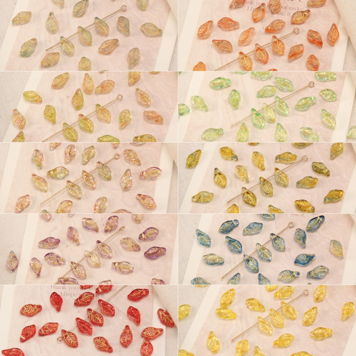 12.22NEW【T109】チェコ葉っぱ（ガラス製、10色ミックス、6×12ｍｍ）