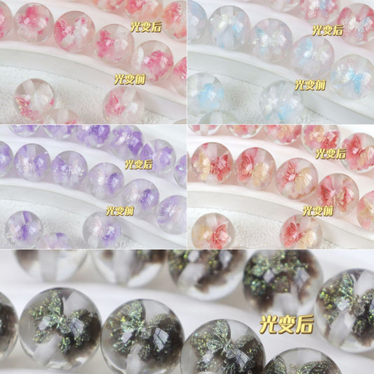 1.30NEW♥段階式割引♥【T122】蝶々入りビーズ（♥夜光・UVカラチェン♥レジン、16ｍｍ）