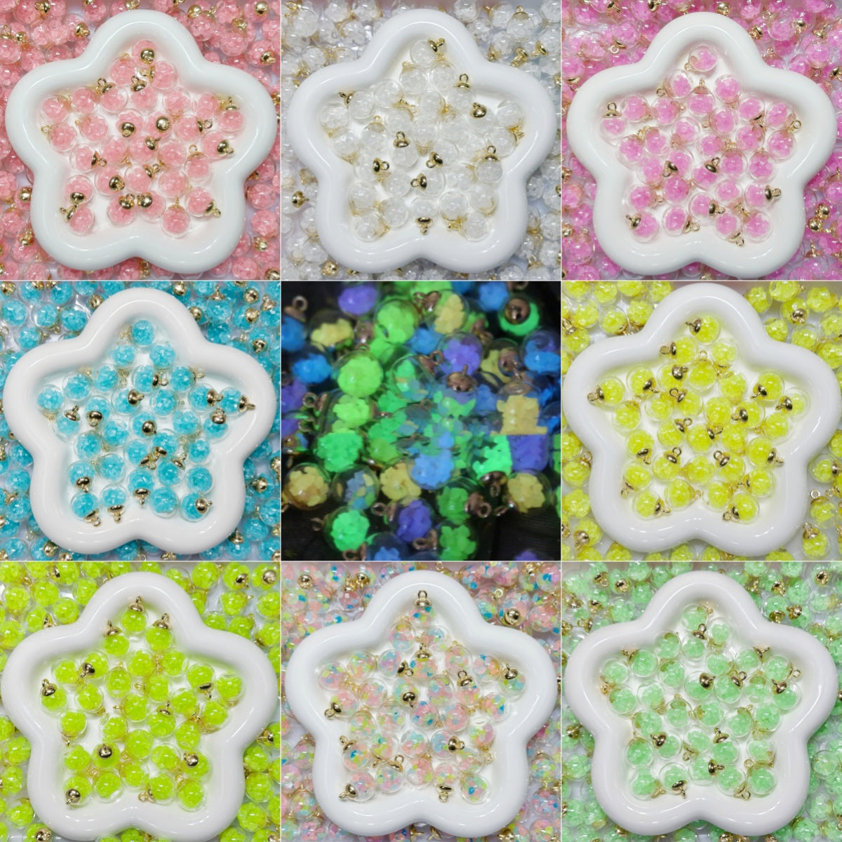 5.28再入荷有り♥段階式割引♥【T149】夜光石入りカン付きビーズ（中身はアクリル、殻はガラス、16mm、リース用）