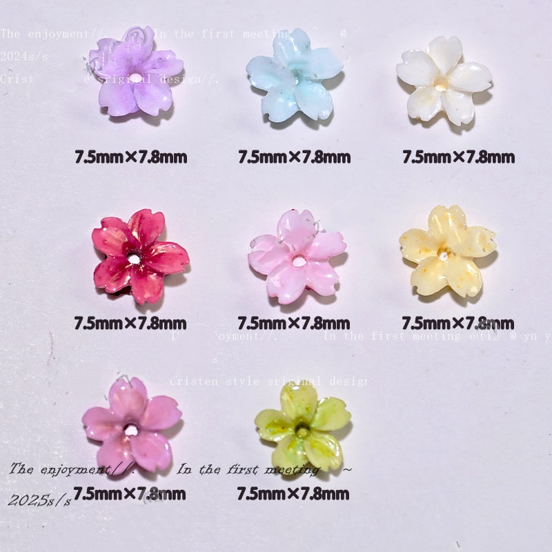 6.30NEW【L133】鮮やかに咲く桜（夜光硬いレジン桜、穴有り、8色、約7.5×7.8ｍｍ）