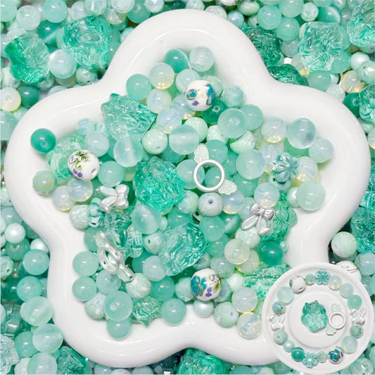 3.19NEW【B138】青丘の伝説（ガラス九尾、ガラスキャッツアイ、陶器ビーズ、刻みガラスビーズ、ガラスパール、高品質ガラスビーズ4種類とガラス多面カット1種類、合金ビーズ2種類の約12種類ミックス）