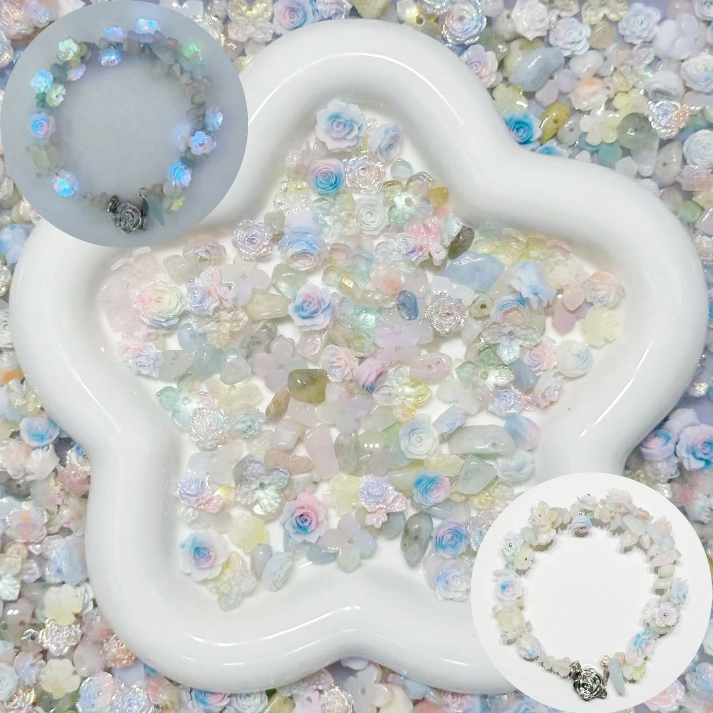 6.10再入荷♥人気♥【B127】夢の国（モルガナイトのさざれ石、ガラス紫陽花カラフルと夜光ソフトバラカラフル，リースもブレスも作れる）