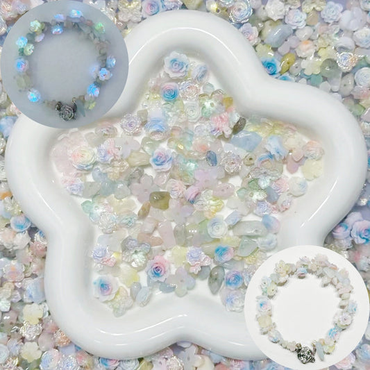 3.16再入荷♥【B127】夢の国（モルガナイトのさざれ石、ガラス紫陽花カラフルと夜光ソフトバラカラフル，リースもブレスも作れる）