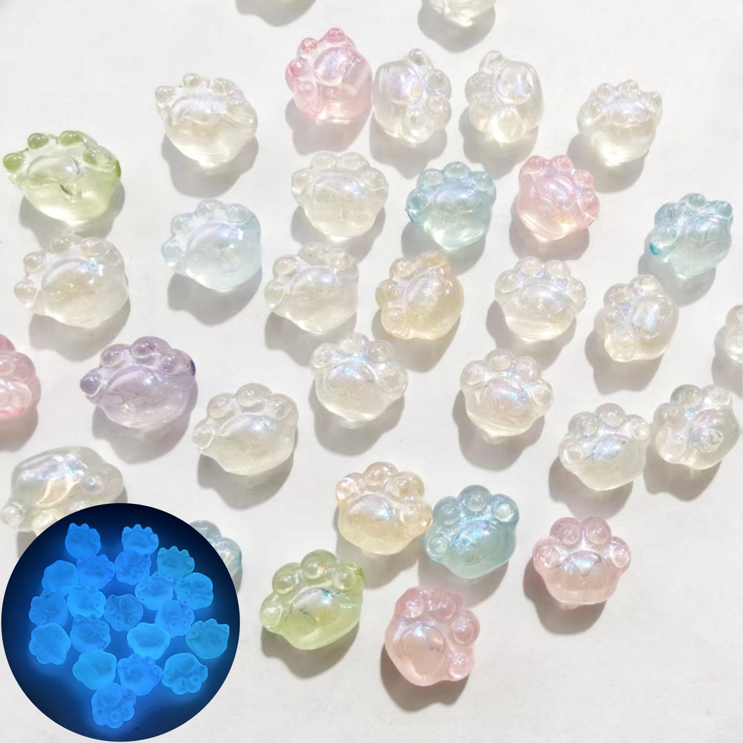 3.31NEW【T144】煌く肉球（夜光、星空オーロラ加工、アクリル製、カラフル、約18*10*8ｍｍ）