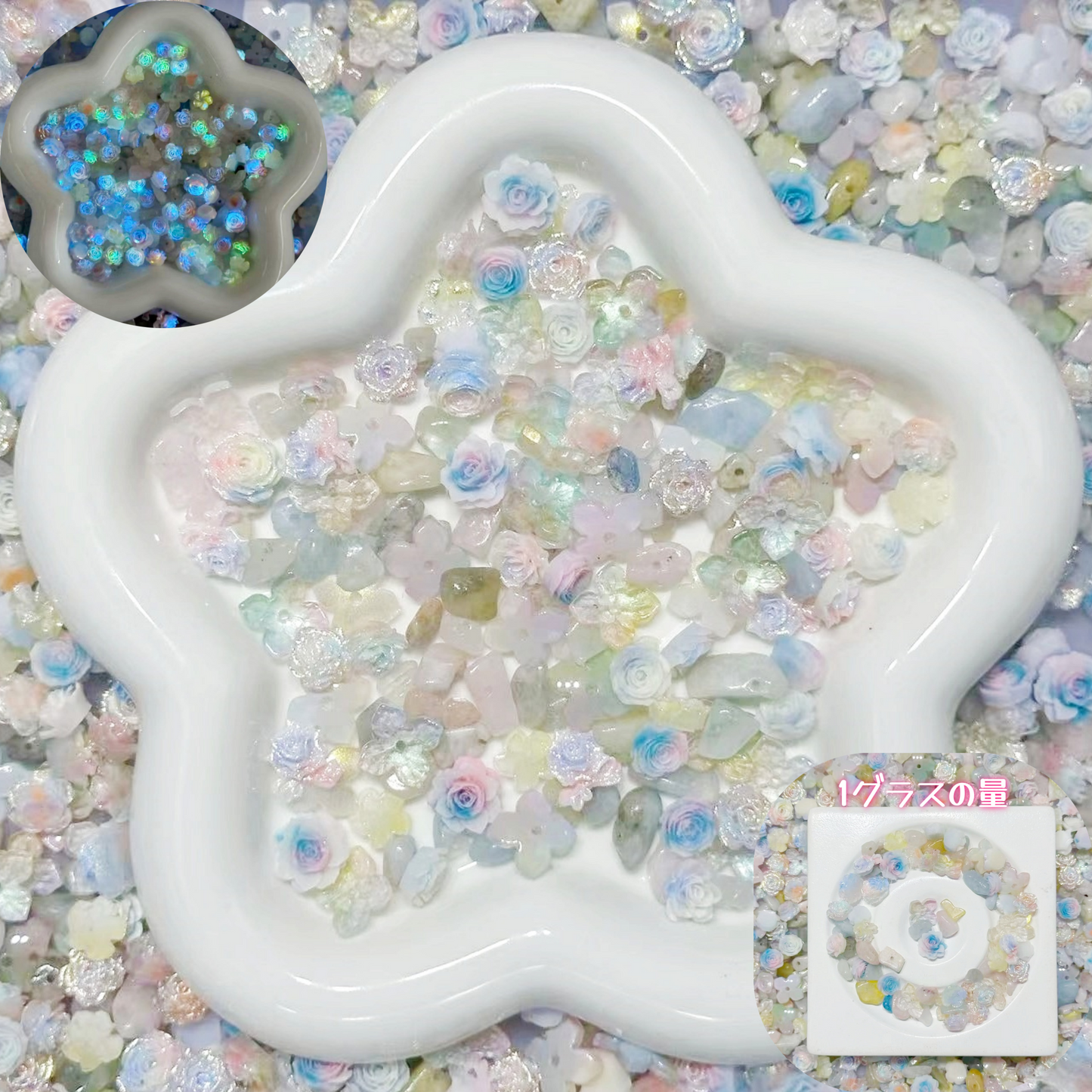 6.10再入荷♥人気♥【B127】夢の国（モルガナイトのさざれ石、ガラス紫陽花カラフルと夜光ソフトバラカラフル，リースもブレスも作れる）
