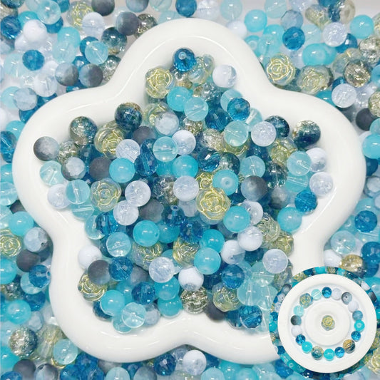 3.6NEW【B131】ティファニーの海（刻みガラスビーズ1種類と高品質ガラスビーズ5種類とガラス多面カット1種類）