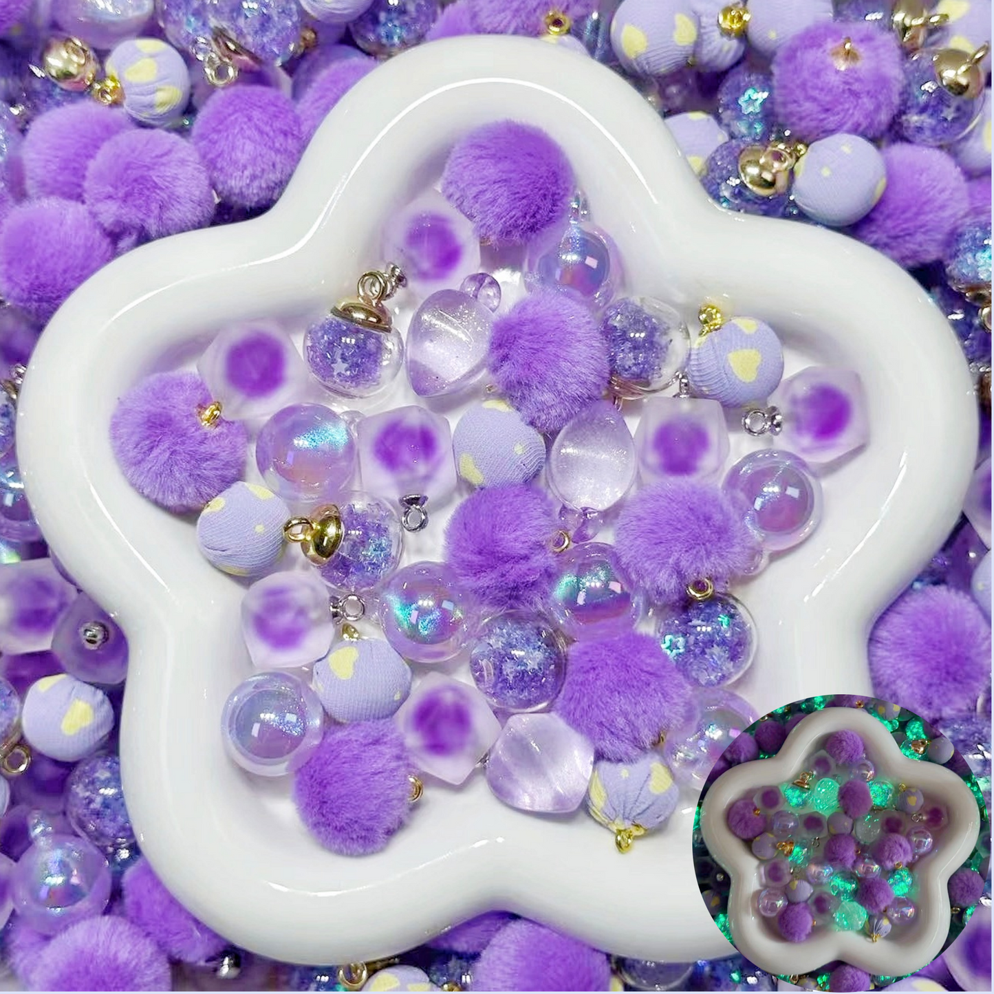 2.25NEW【L068】夢見るふわり紫（夜光あり、カン付き6種類のリース用大ミックス）