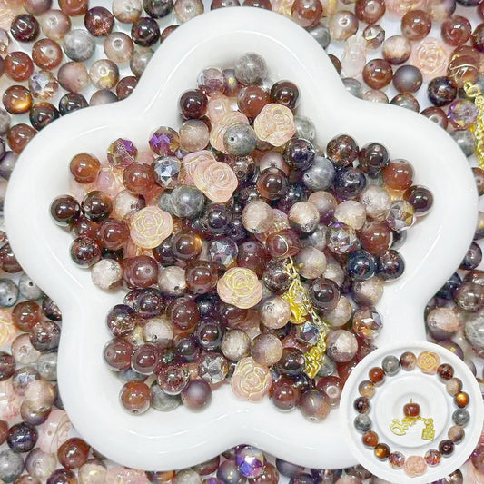 3.10NEW【B132】琥珀の薔薇（コーヒーカラーラブラドライト、刻みガラスビーズ1種類とレジンビーズ1種類、高品質ガラスビーズ3種類とガラス多面カット1種類、高級チャーム1種類）